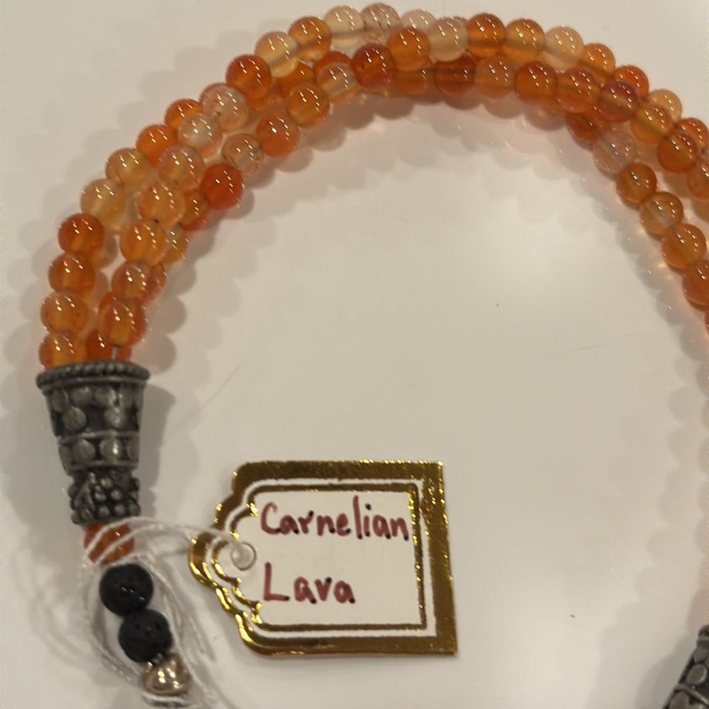 Carnelian gemstone and authentic lava bead adjustable bracelet w/ dangle charms